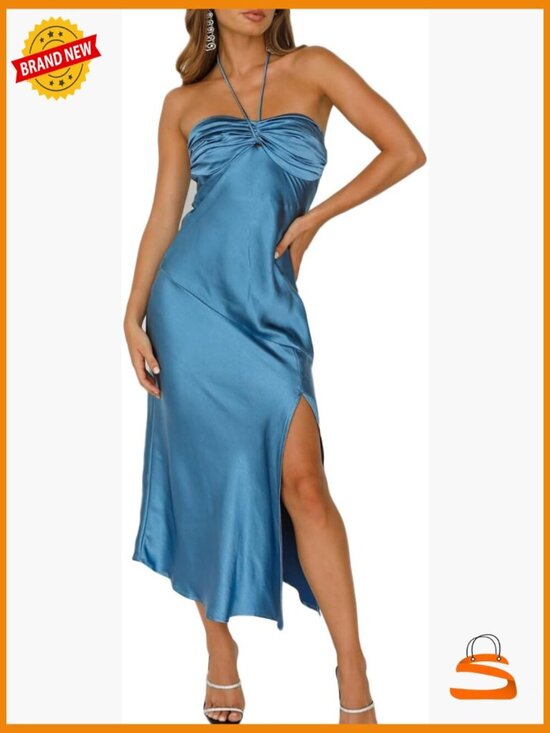 Dresses & Skirts - Elegant Satin Midi Dress with Halter Neck and Backless Design Perfect for